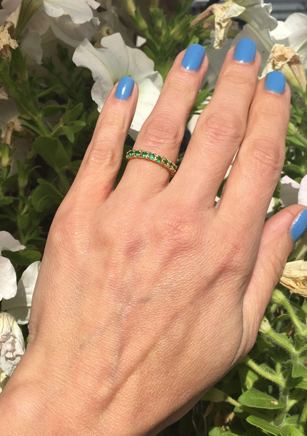 Emerald Ring - May Birthstone Jewelry - Stacking Half Eternity Ring with Eleven Round Emeralds - H.L.Jewelry