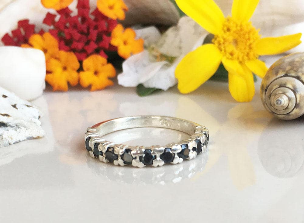 Black Onyx Ring - December Birthstone -  Stacking Ring with Eleven Round Black Onyx Gemstones - H.L.Jewelry