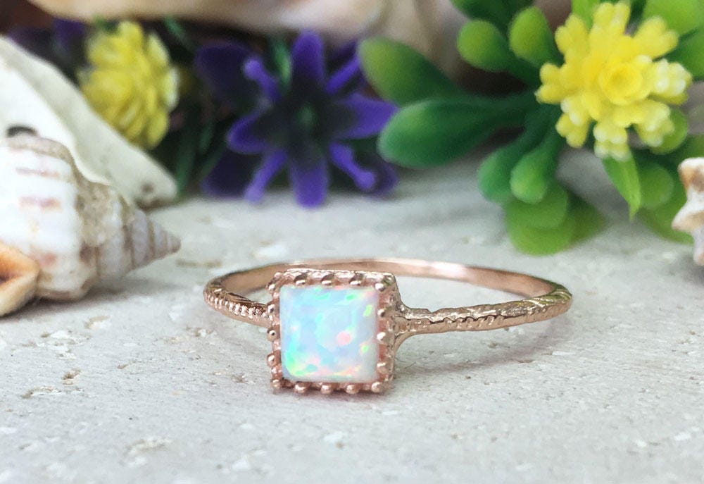 White Opal Ring - White Opal Gemstone Square Crown Simple Hammered Ring - H.L.Jewelry