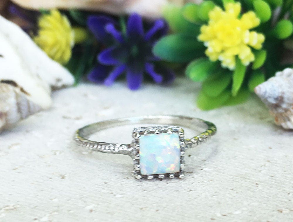 White Opal Ring - White Opal Gemstone Square Crown Simple Hammered Ring - H.L.Jewelry