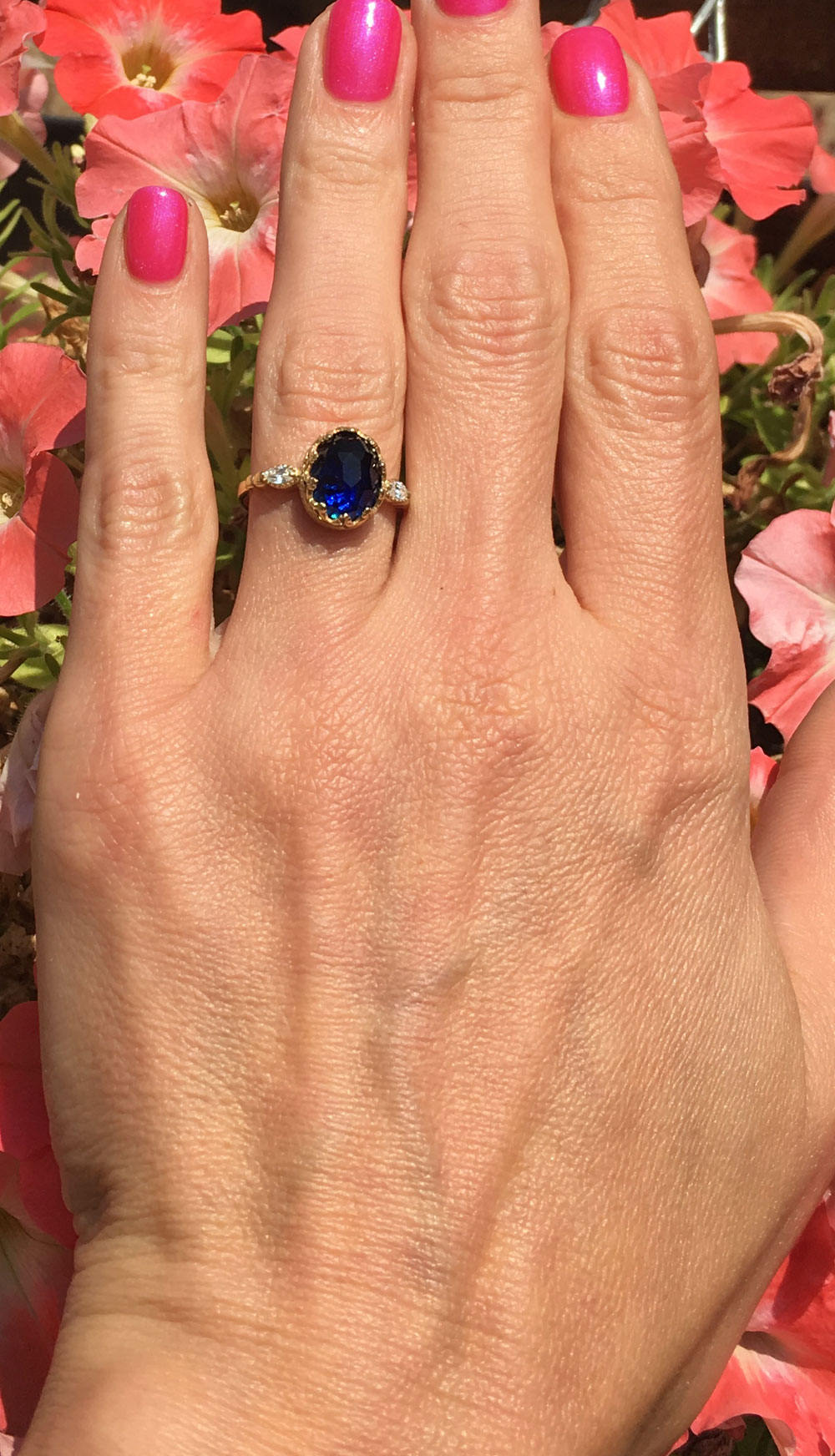 Blue Sapphire Ring - September Birthstone - Oval Blue Sapphire Gemstone Statement Ring with Clear Quartz Accents - H.L.Jewelry