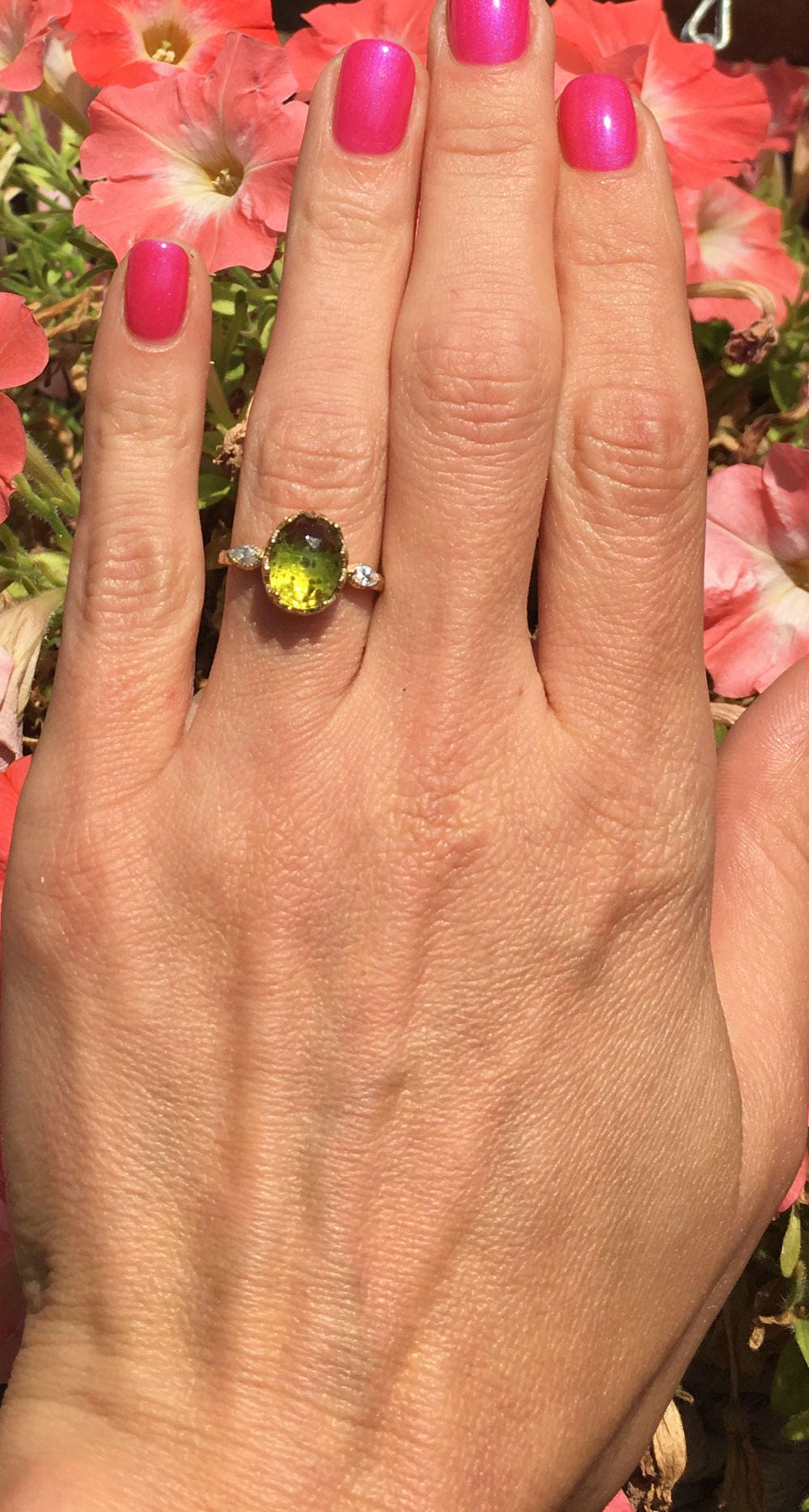 Peridot Ring - August Birthstone - Oval Peridot Gemstone Statement Vintage Crown Ring with Clear Quartz Accents - H.L.Jewelry