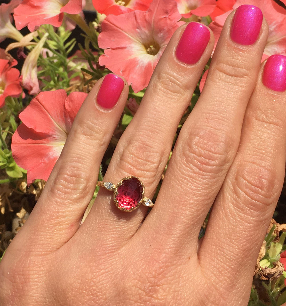 Pink Tourmaline Ring - Oval Pink Tourmaline Gemstone Statement Vintage Crown Ring with Clear Quartz Accents - H.L.Jewelry