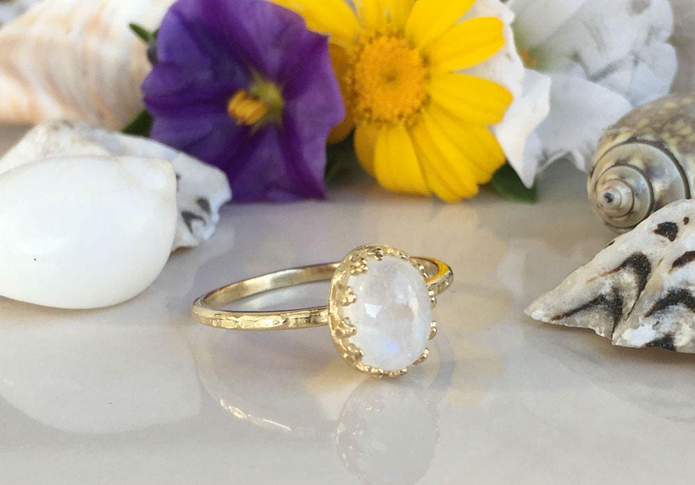 Rainbow Moonstone Ring - June Birthstone - Rainbow Moonstone Delicate Hammered Oval Crown Ring - H.L.Jewelry