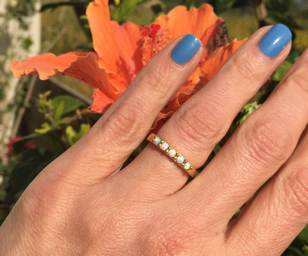 White Opal Ring - Five White Opal Gemstones Simple Stacking Ring - H.L.Jewelry