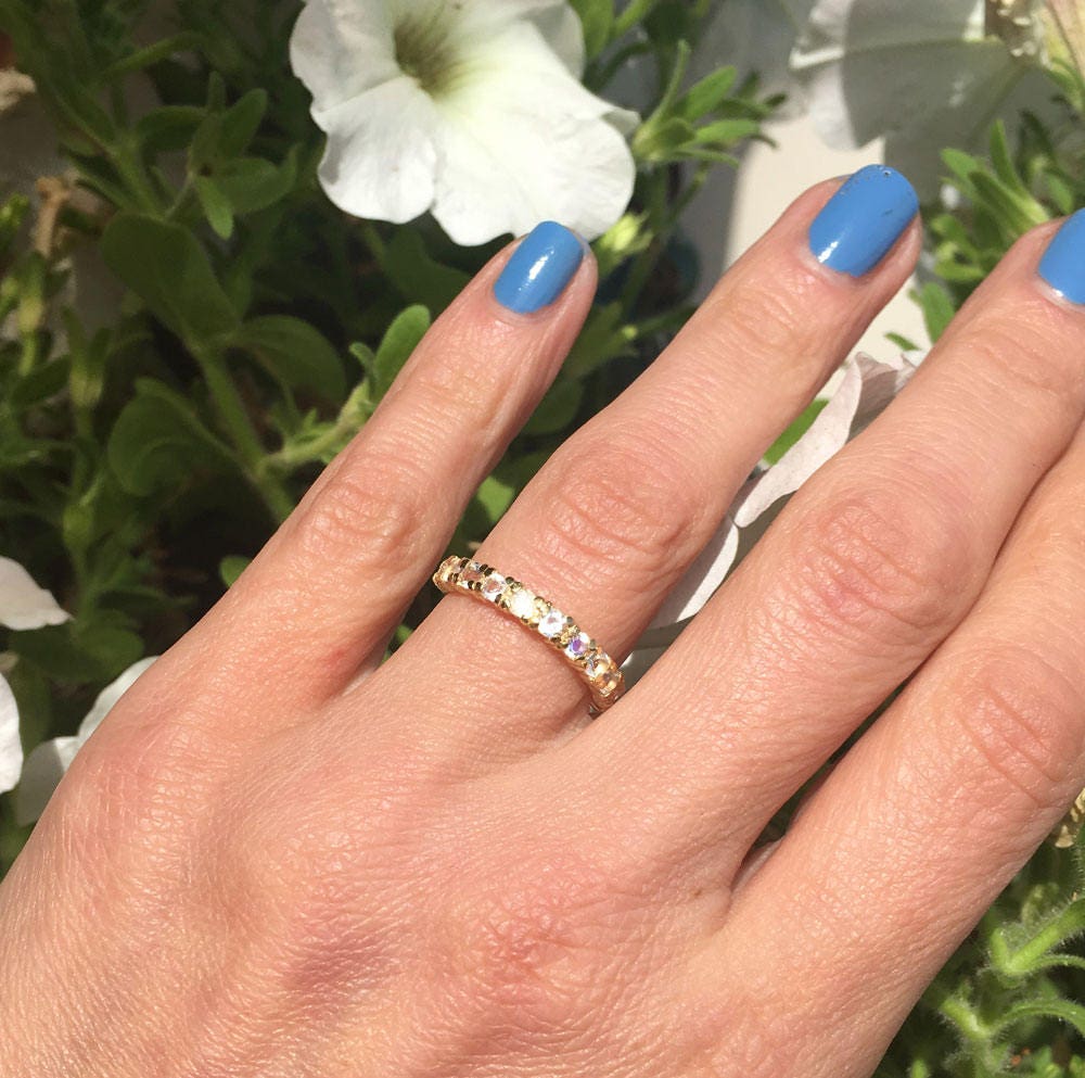 Rainbow Moonstone Ring - Genuine Gemstone Band - Stack Ring - June Birthstone - Simple Jewery - Gold Ring - Prong Ring - Half Eternity Ring - H.L.Jewelry