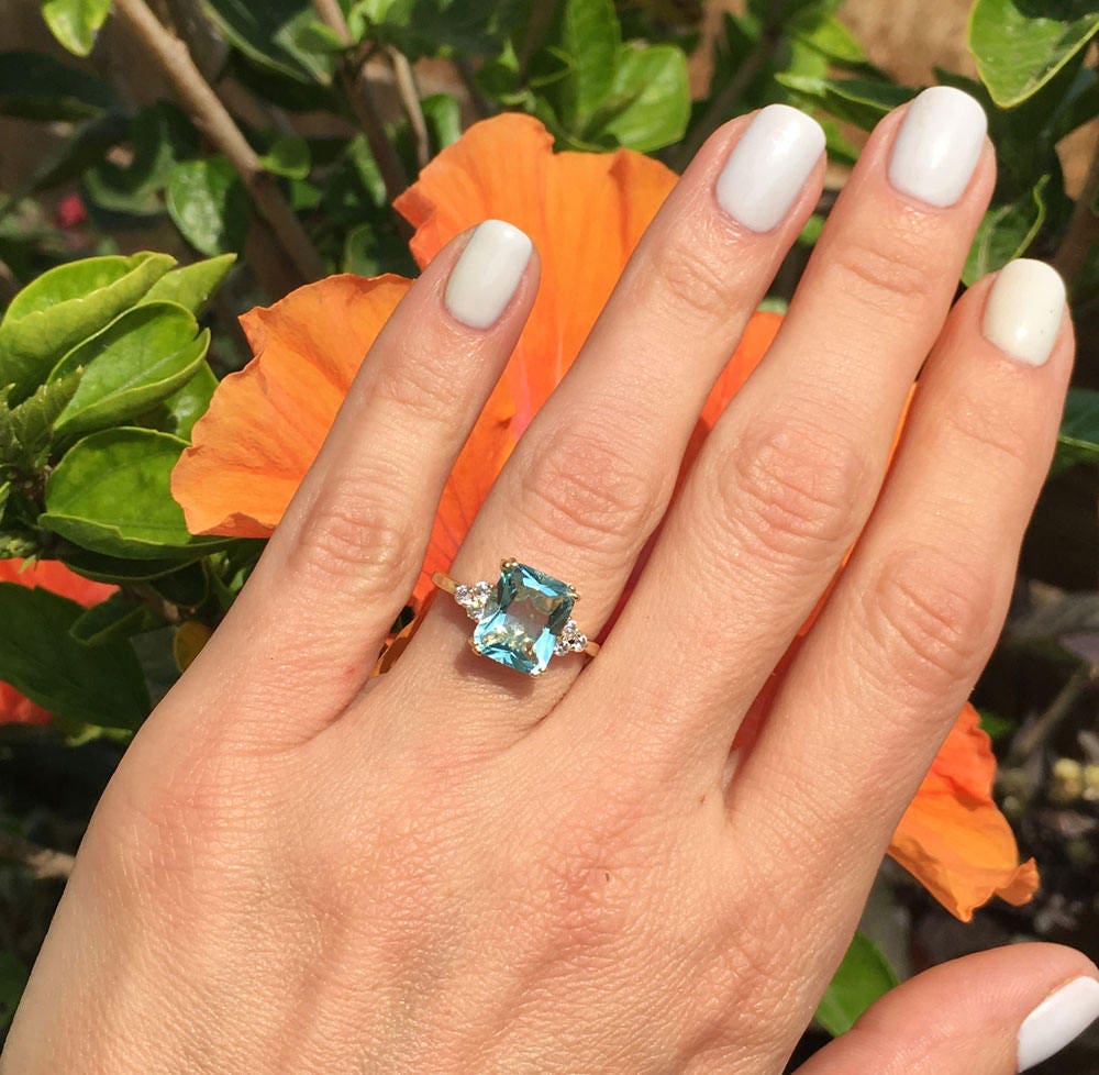 Aquamarine Ring - March Birthstone - Octagon Aquamarine Gemstone Statement Engagement Ring with Clear Quartz Accents - H.L.Jewelry