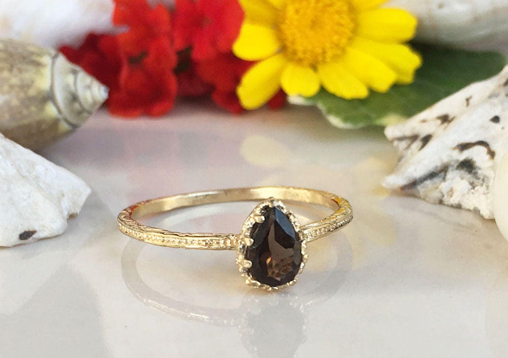 Smoky Quartz Ring - Gold Ring - Stacking Ring - Gemstone Ring - Hammered Ring - Teardrop Ring - Simple Ring - H.L.Jewelry