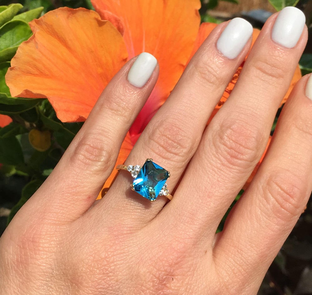 Blue Topaz Ring - December Birthstone - Octagon Blue Topaz Gemstone Statement Engagement Ring with Clear Quartz Accents - H.L.Jewelry