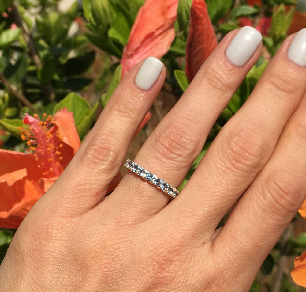 Aquamarine Ring - March Birthstone - Stacking Half Eternity Ring with Eleven Round Aquamarine Gemstones - H.L.Jewelry