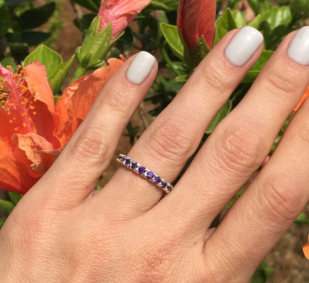 Purple Amethyst Ring - February Birthstone - Eleven Round Purple Amethyst Gemstones Stacking Half Eternity Ring - H.L.Jewelry