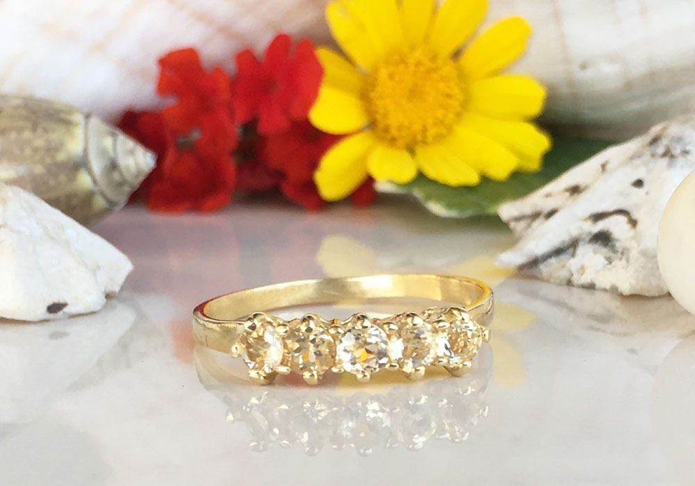 Citrine Ring - November Birthstone -Stacking Ring with Five Round Citrine Gemstones - H.L.Jewelry