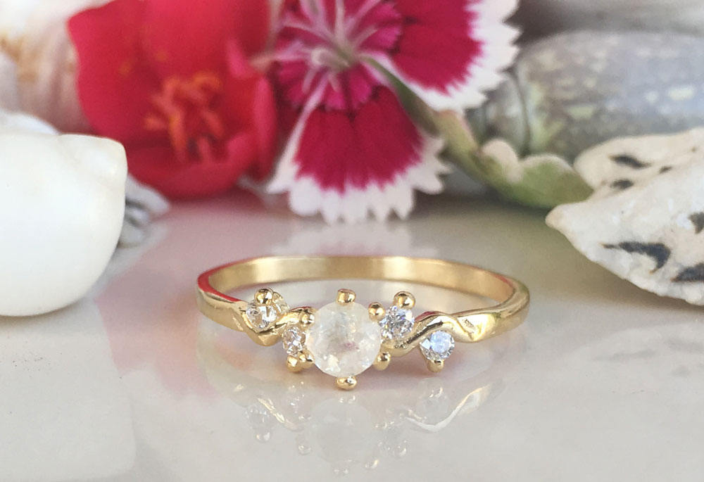 Rainbow Moonstone Ring - June Birthstone - Delicate Ring with Round Rainbow Moonstone and Clear Quartz Accents - H.L.Jewelry