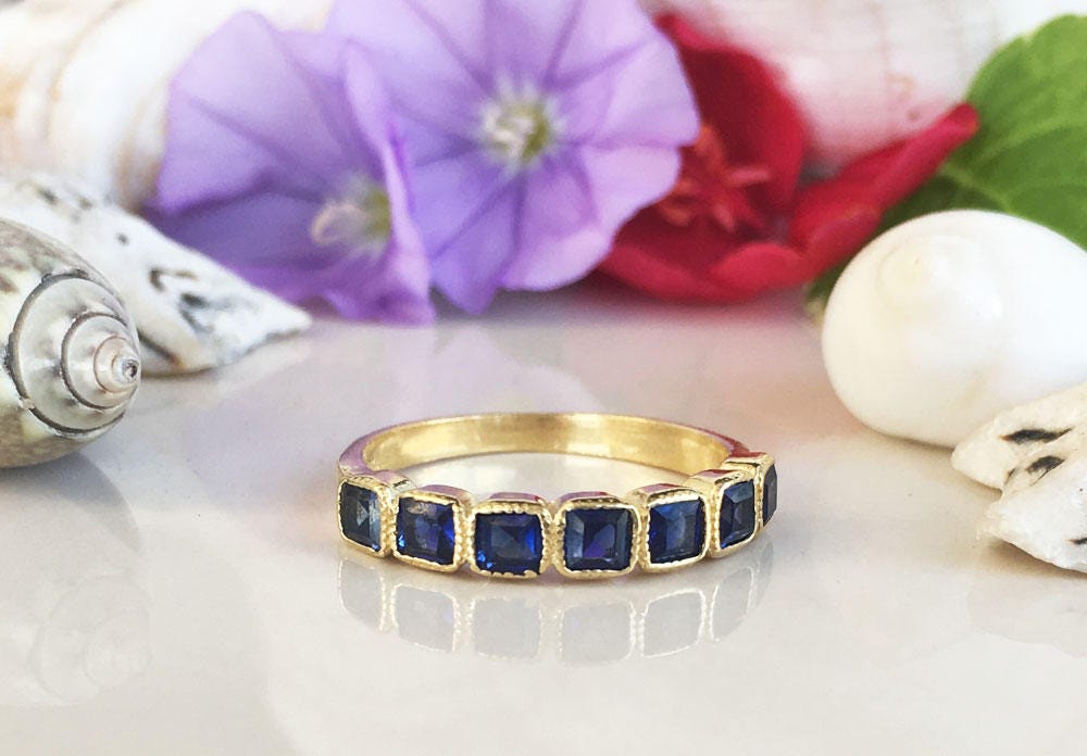 Blue Sapphire Ring - September Birthstone - Stacking Ring with Seven Square Blue Sapphire Gemstones - H.L.Jewelry