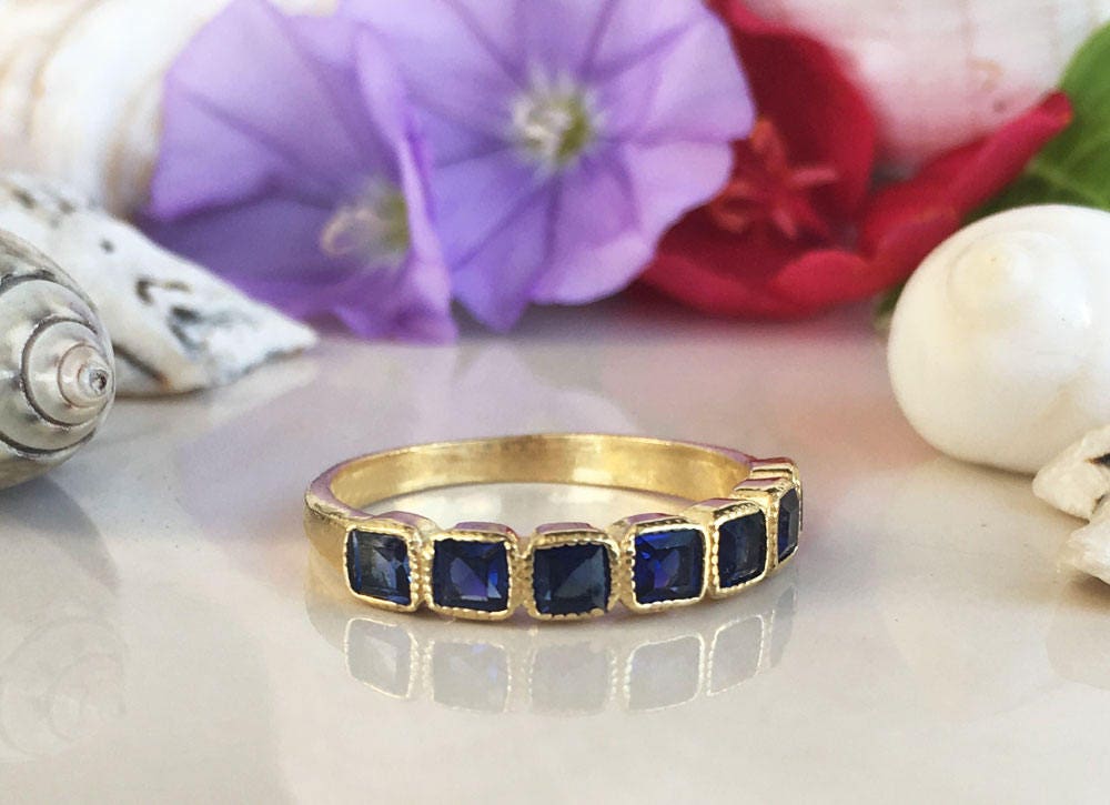 Blue Sapphire Ring - September Birthstone - Stacking Ring with Seven Square Blue Sapphire Gemstones - H.L.Jewelry