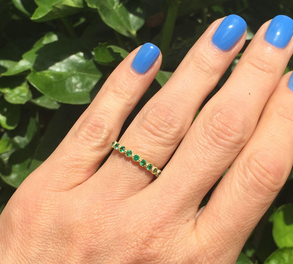 Emerald Ring - May Birthstone - Delicate Stacking Half Eternity Ring with Nine Round Emerald Gemstones - H.L.Jewelry