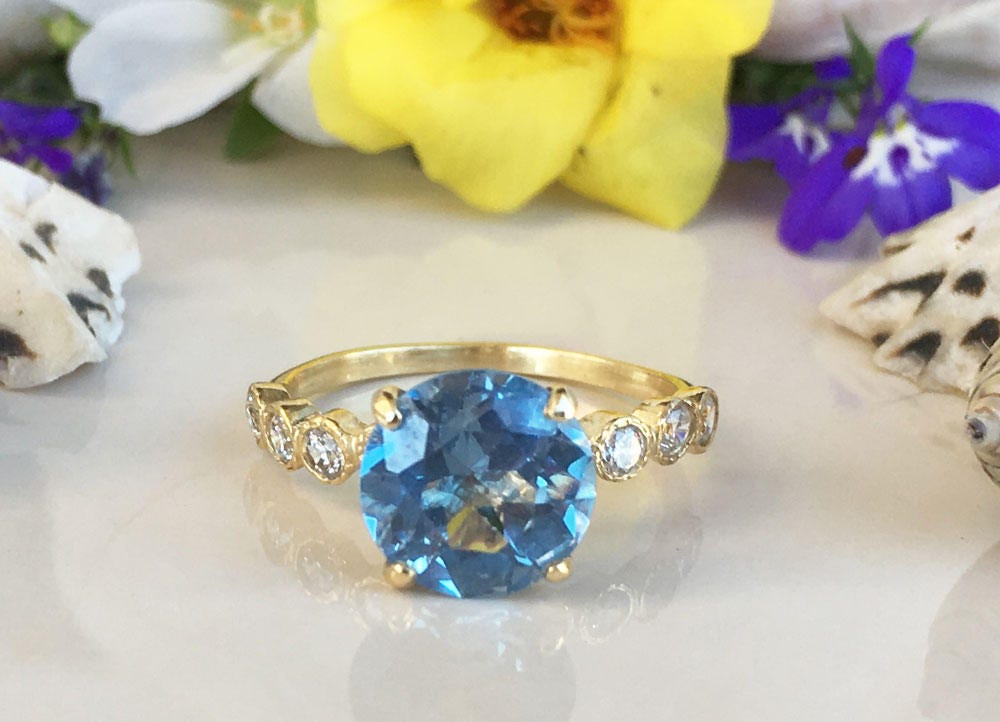 Blue Topaz Ring - December Birthstone - Round Blue Topaz Statement Engagement Ring with Clear Quartz Accents - H.L.Jewelry