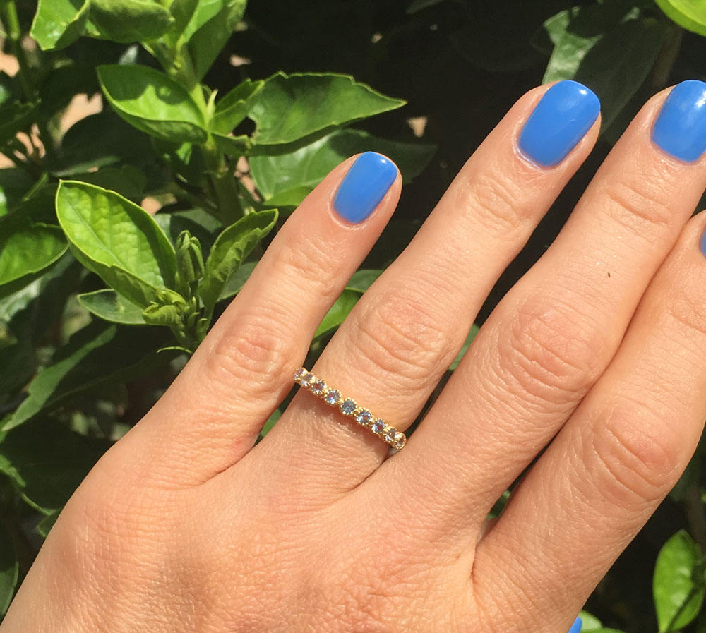 Aquamarine Ring - March Birthstone - Stacking Half Eternity Ring with 9 Round Aquamarine Gemstones - H.L.Jewelry