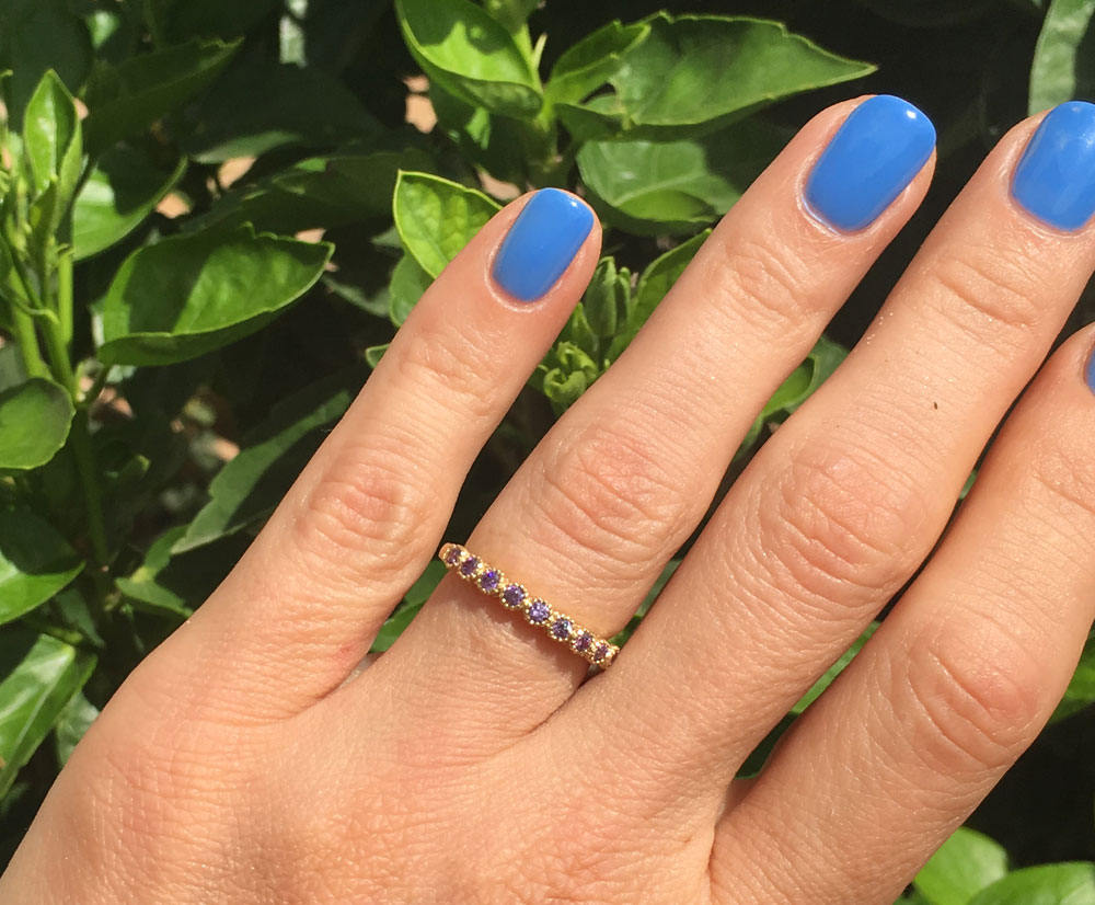 Amethyst Ring - February Birthstone - Stacking Ring with Nine Round Purple Amethyst Stones - H.L.Jewelry