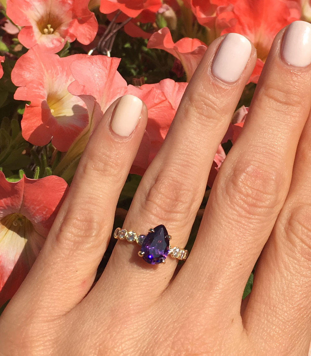 Purple Amethyst Ring - February Birthstone - Pear-Shaped Purple Amethyst Gemstone Statement Engagement Ring with Clear Quartz Accents - H.L.Jewelry