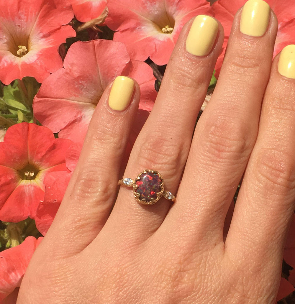 Fire Opal Ring - Oval Fire Opal Statement Vintage Crown Ring with Clear Quartz Accents - H.L.Jewelry