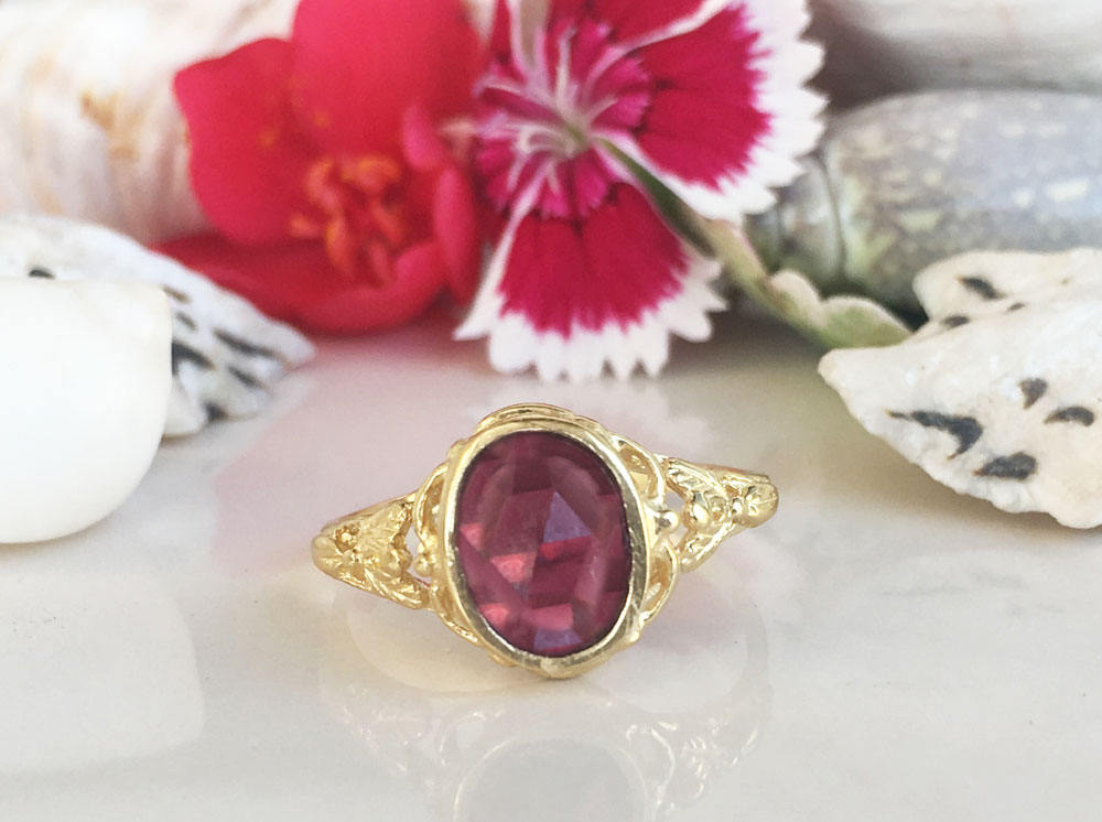 Red Garnet Ring - Genuine Gemstone - January Birthstone - Gold Ring  - Lace Ring - Flower Ring - Delicate Ring - Oval Ring - H.L.Jewelry