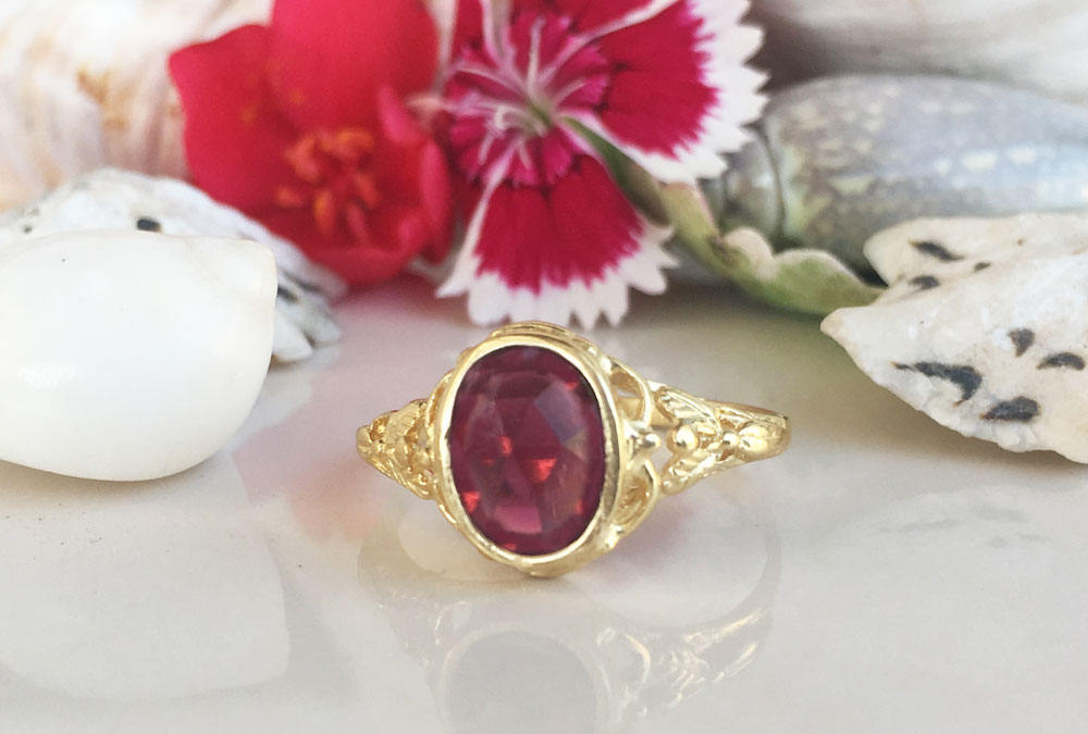 Red Garnet Ring - Genuine Gemstone - January Birthstone - Gold Ring  - Lace Ring - Flower Ring - Delicate Ring - Oval Ring - H.L.Jewelry