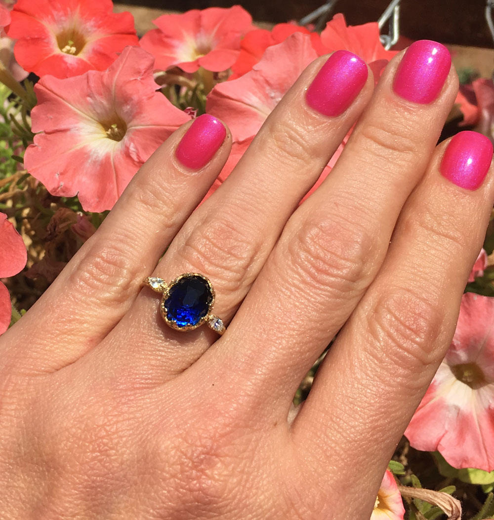 Blue Sapphire Ring - September Birthstone - Oval Blue Sapphire Gemstone Statement Ring with Clear Quartz Accents - H.L.Jewelry