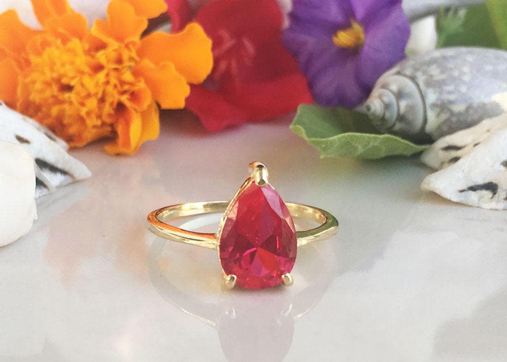 Ruby Ring - Gold Ring - July Birthstone - Gemstone Band - Teardrop Ring - Simple Ring - H.L.Jewelry