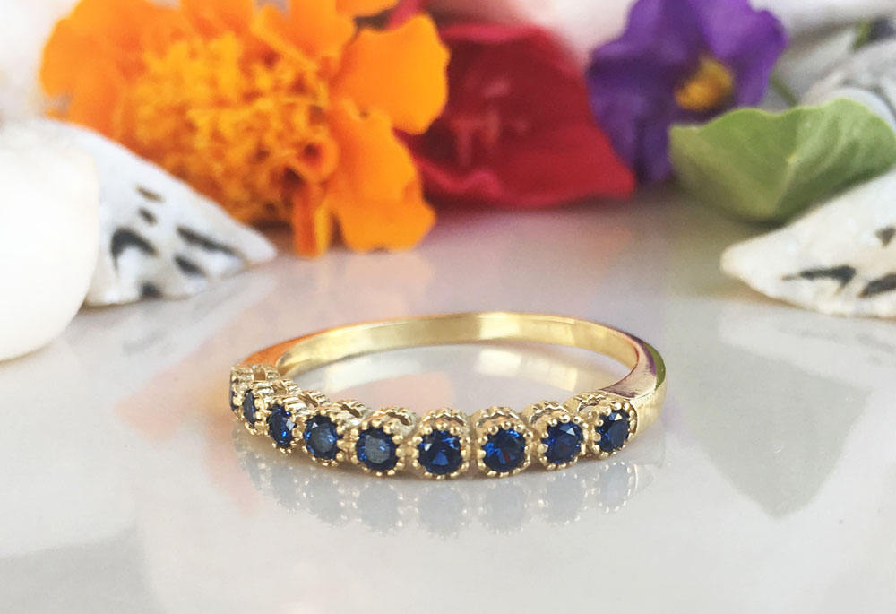 Blue Sapphire Ring - September Birthstone - Delicate Stacking Half Eternity Ring with Nine Round Blue Sapphire Gemstones - H.L.Jewelry