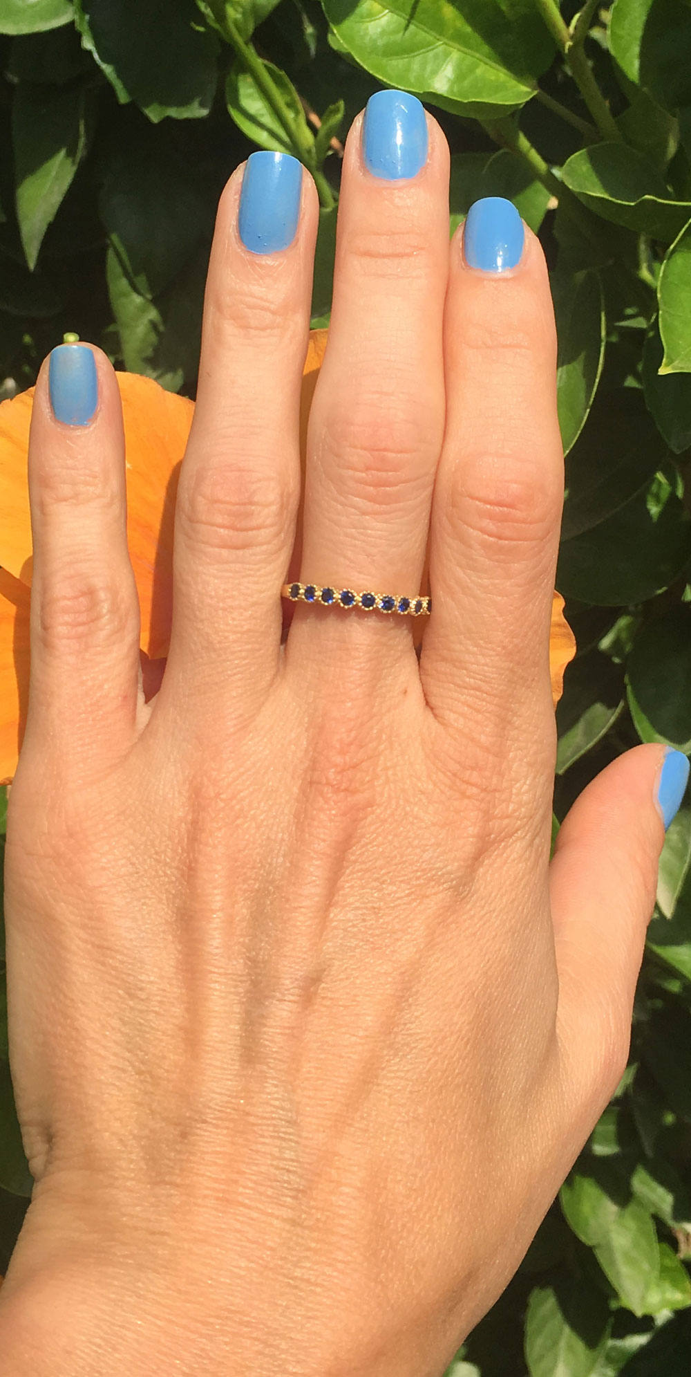 Blue Sapphire Ring - September Birthstone - Delicate Stacking Half Eternity Ring with Nine Round Blue Sapphire Gemstones - H.L.Jewelry