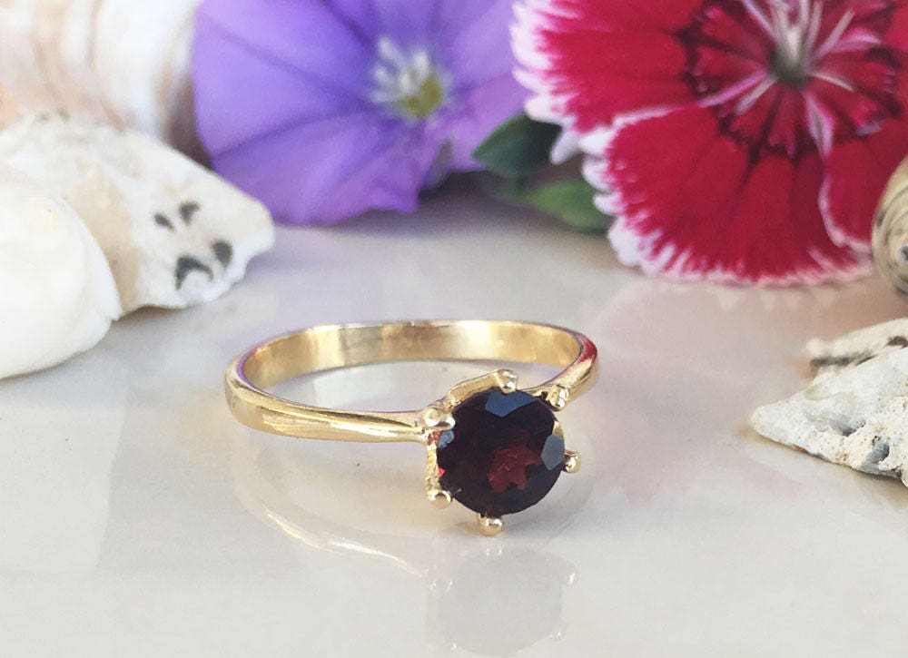 Red Garnet Ring - January Birthstone - Stacking Ring - Gold Ring - Solitaire Ring - Prong Ring - H.L.Jewelry