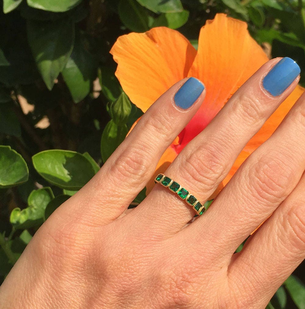 Emerald Ring - May Birthstone - Stacking Half Eternity Ring with Seven Square Emerald Gemstones - H.L.Jewelry