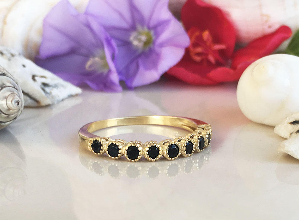 Black Onyx Ring - December Birthstone - Stacking Ring with Nine Round Black Onyx Stones - H.L.Jewelry