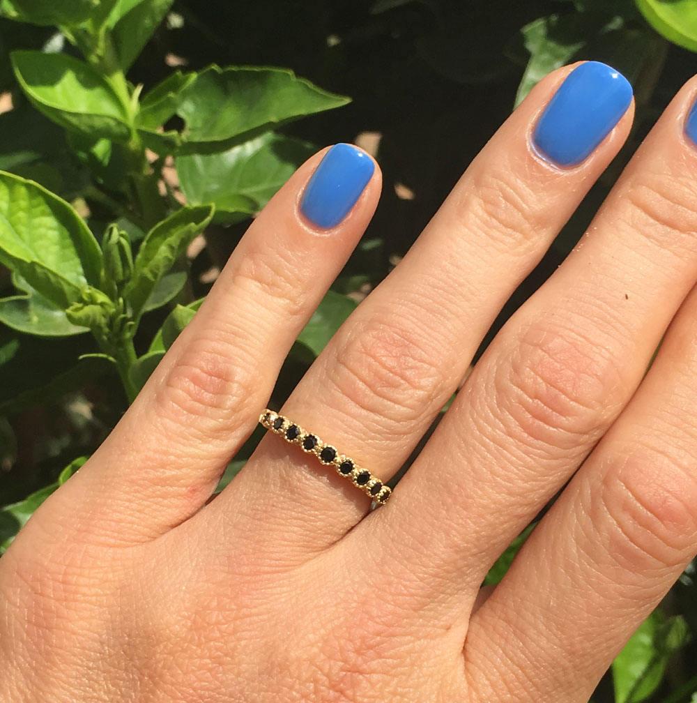 Black Onyx Ring - December Birthstone - Stacking Ring with Nine Round Black Onyx Stones - H.L.Jewelry