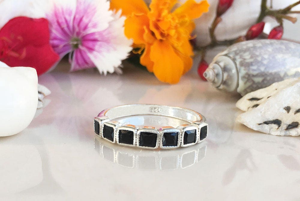 Black Onyx Ring - December Birthstone - Stacking Ring with Seven Square Black Onyx Gemstones - H.L.Jewelry