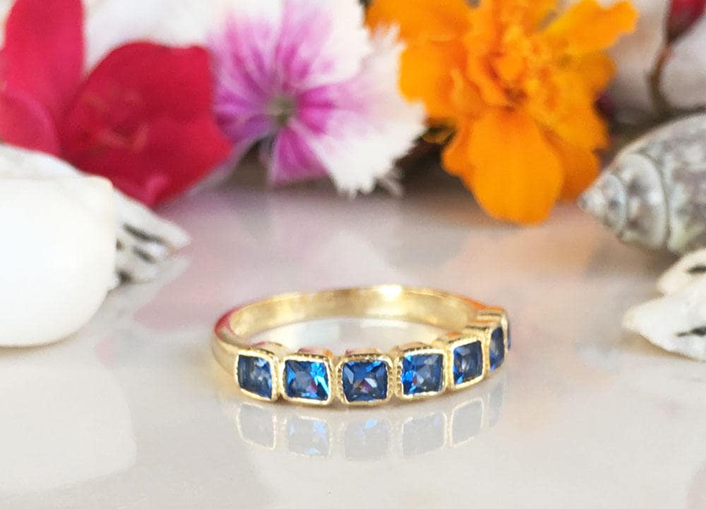 Blue Topaz Ring - December Birthstone - Stacking Ring with Seven Square Blue Topaz Gemstones - H.L.Jewelry