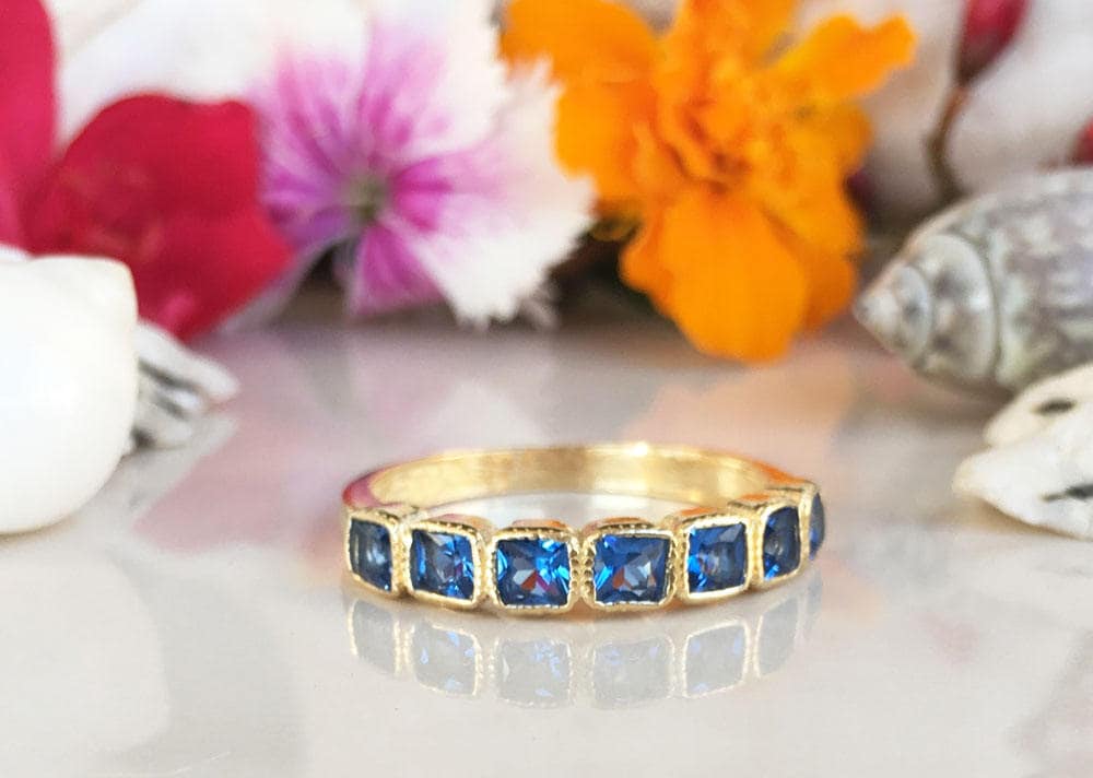 Blue Topaz Ring - December Birthstone - Stacking Ring with Seven Square Blue Topaz Gemstones - H.L.Jewelry