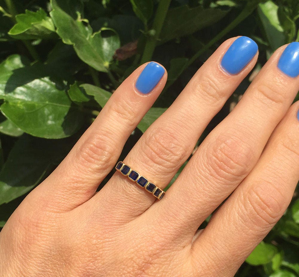 Blue Sapphire Ring - September Birthstone - Stacking Ring with Seven Square Blue Sapphire Gemstones - H.L.Jewelry