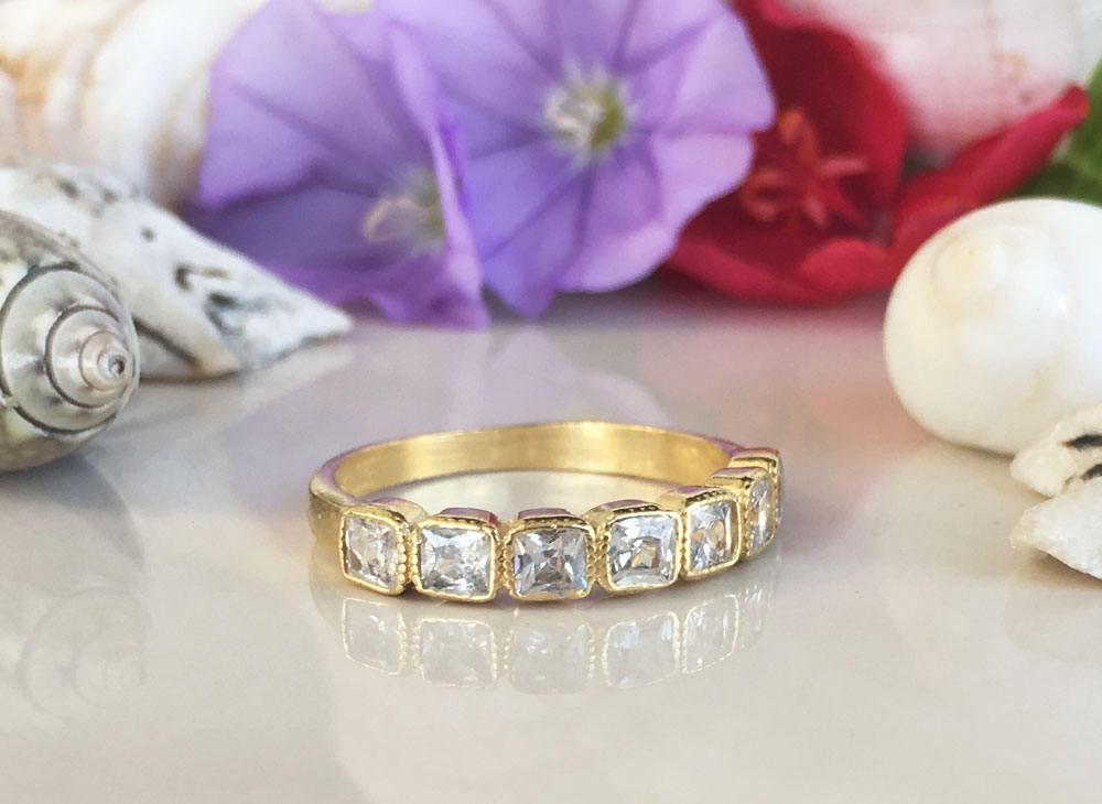 Clear Quartz Ring - April Birthstone - Stacking Ring with Seven Square Clear Quartz Gemstones - H.L.Jewelry