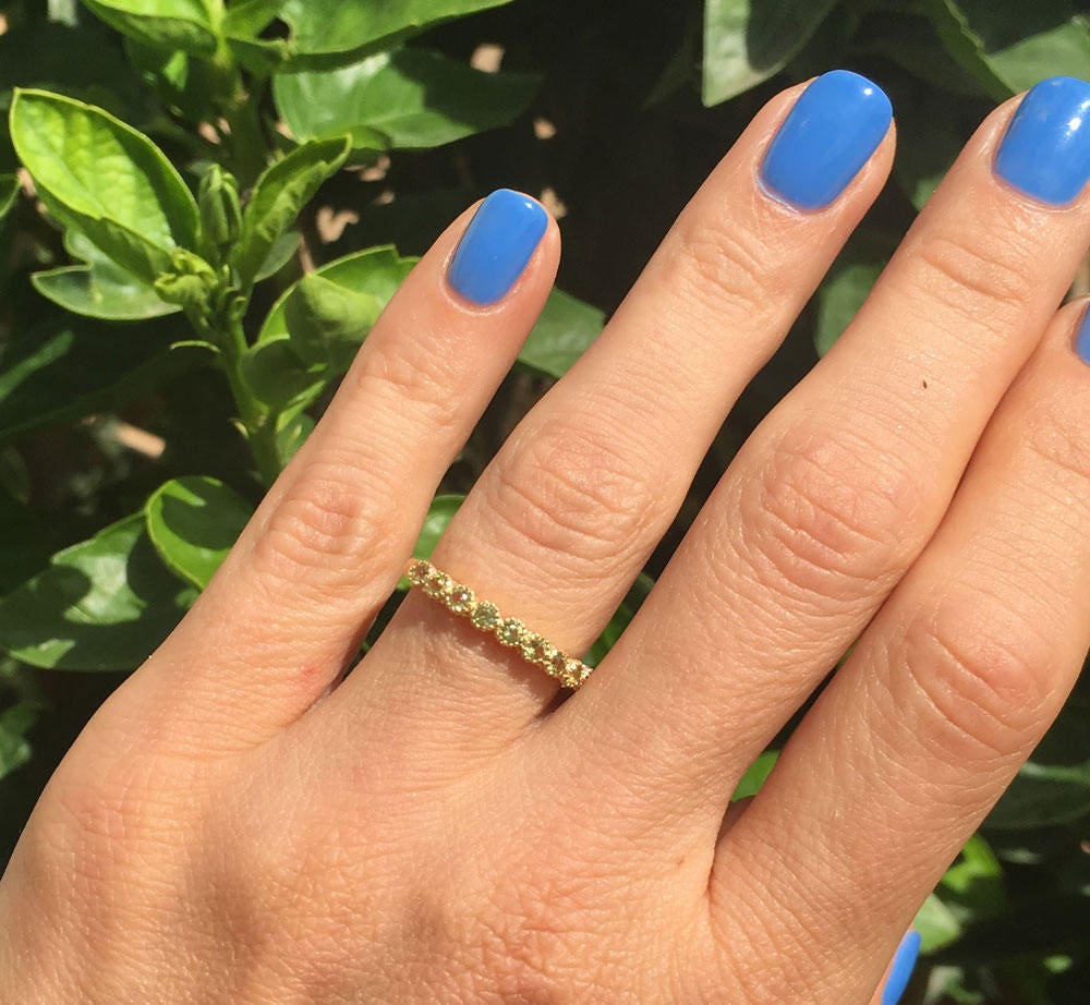 Peridot Ring - August Birthstone - Stacking Half Eternity Ring with Nine Round Peridot Gemstones - H.L.Jewelry