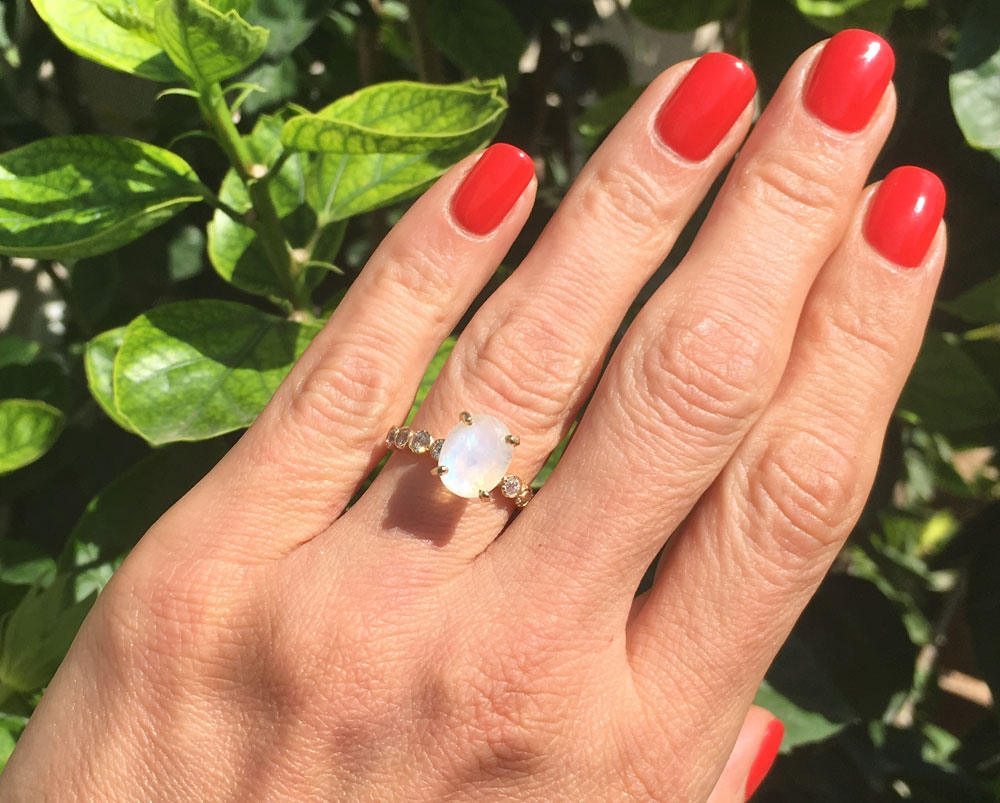 Rainbow Moonstone Ring - June Birthstone - Oval Rainbow Moonstone Statement Engagement Ring with Clear Quartz Accents - H.L.Jewelry