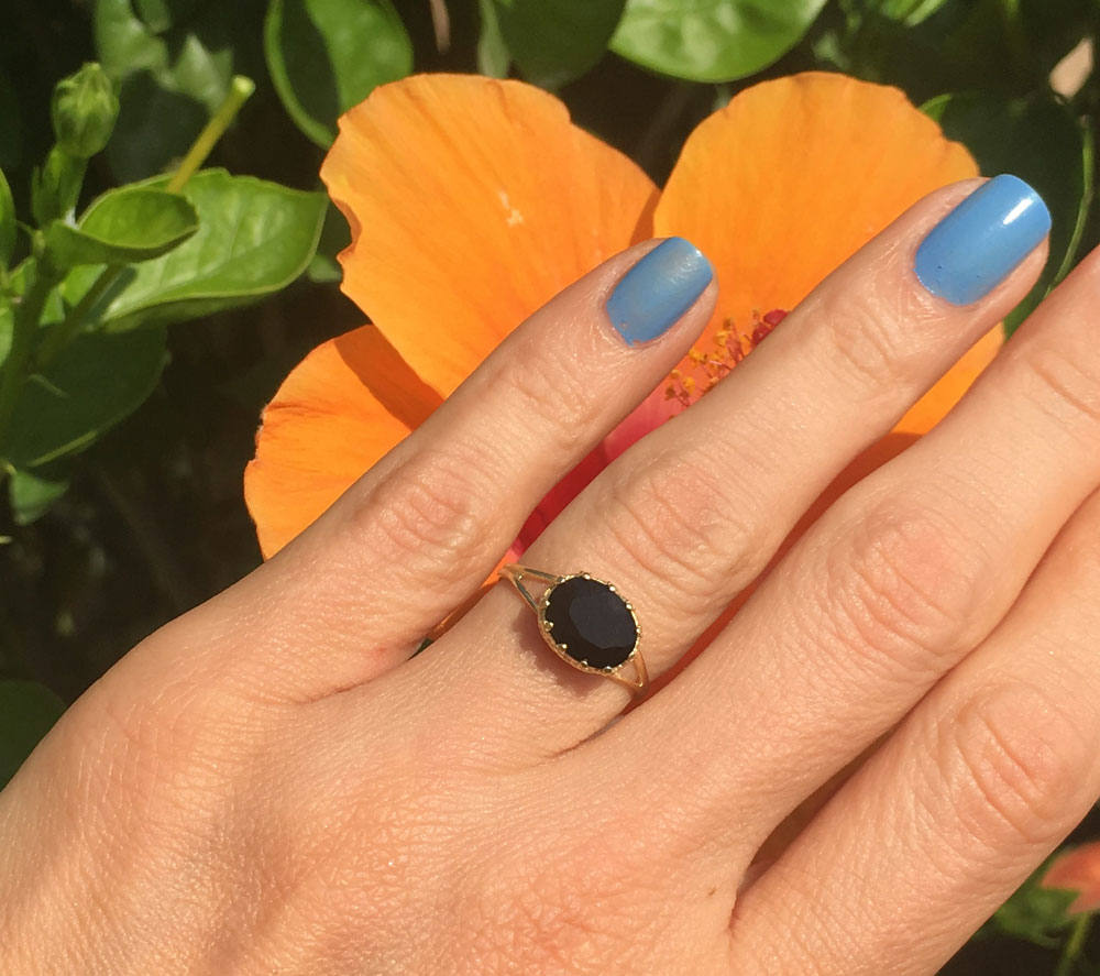 Black Onyx Ring - December Birthstone - Double Band Vintage Oval Crown Ring with Black Onyx Gemstone - H.L.Jewelry