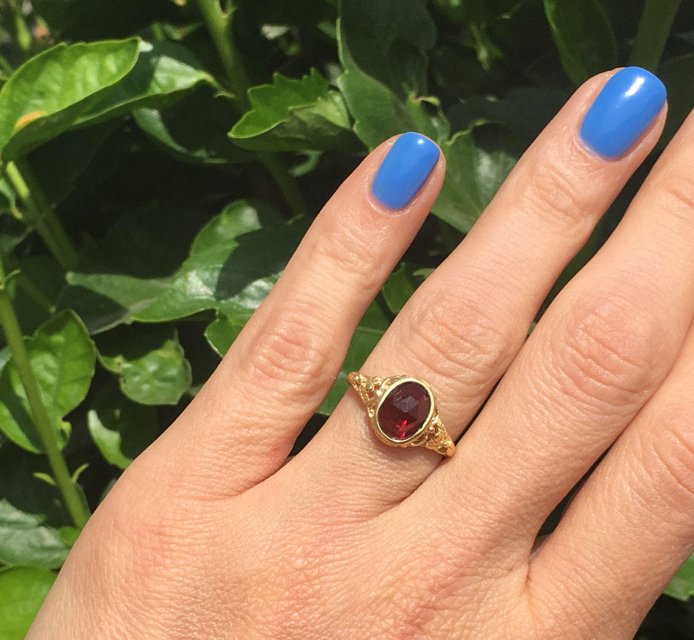 Red Garnet Ring - Genuine Gemstone - January Birthstone - Gold Ring  - Lace Ring - Flower Ring - Delicate Ring - Oval Ring - H.L.Jewelry