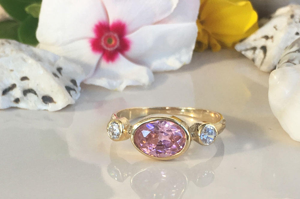 Rose Quartz Ring - Gold Ring - Bezel Ring - October Birthstone - Triple Gemstones Ring - H.L.Jewelry