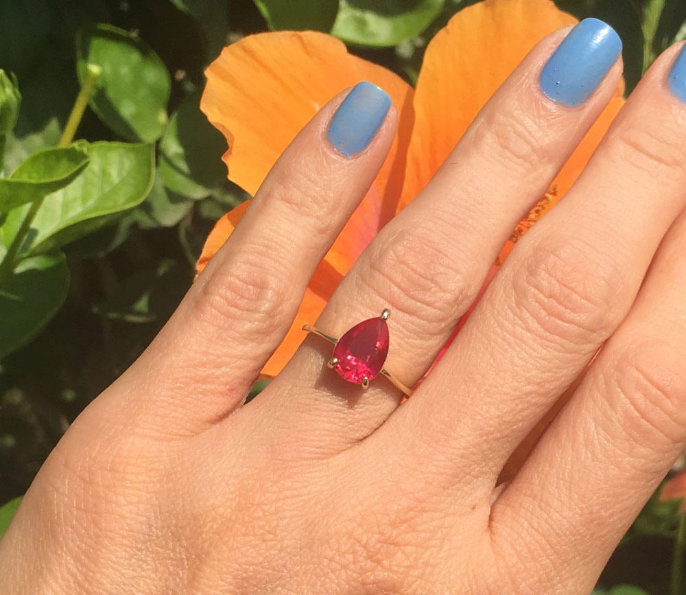 Ruby Ring - Gold Ring - July Birthstone - Gemstone Band - Teardrop Ring - Simple Ring - H.L.Jewelry