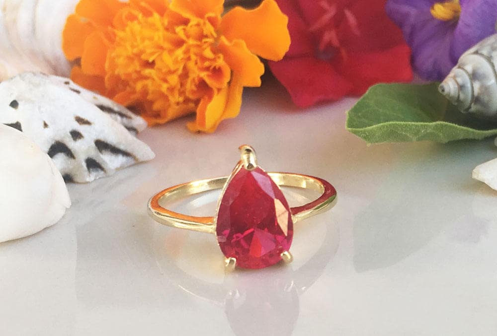 Ruby Ring - Gold Ring - July Birthstone - Gemstone Band - Teardrop Ring - Simple Ring - H.L.Jewelry