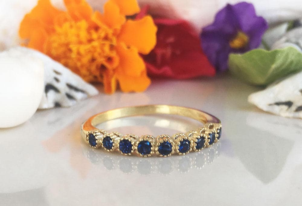 Blue Sapphire Ring - September Birthstone - Delicate Stacking Half Eternity Ring with Nine Round Blue Sapphire Gemstones - H.L.Jewelry