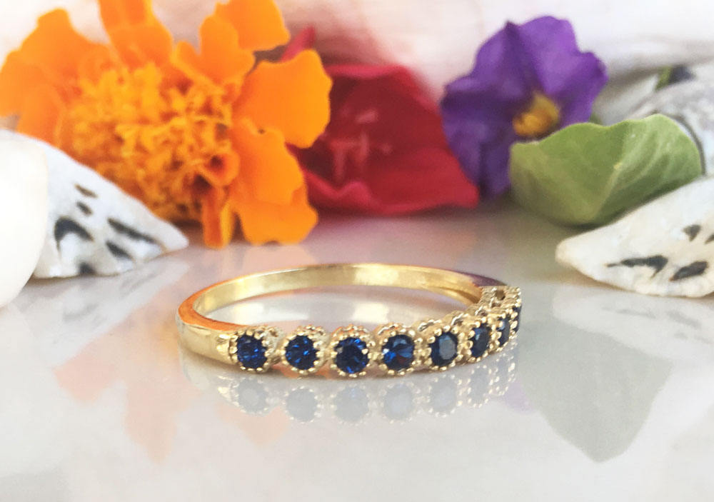 Blue Sapphire Ring - September Birthstone - Delicate Stacking Half Eternity Ring with Nine Round Blue Sapphire Gemstones - H.L.Jewelry