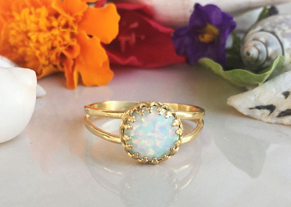 White Opal Ring - White Opal Gemstone Simple Double Band Round Crown Ring - H.L.Jewelry